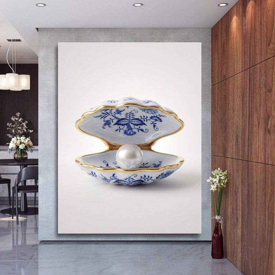 Luxury canvas print with a porcelain shell and pearl hanging in a modern interior