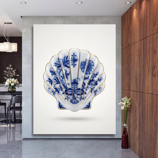 Luxury canvas print with a blue-and-white porcelain shell and gold details in a modern interior