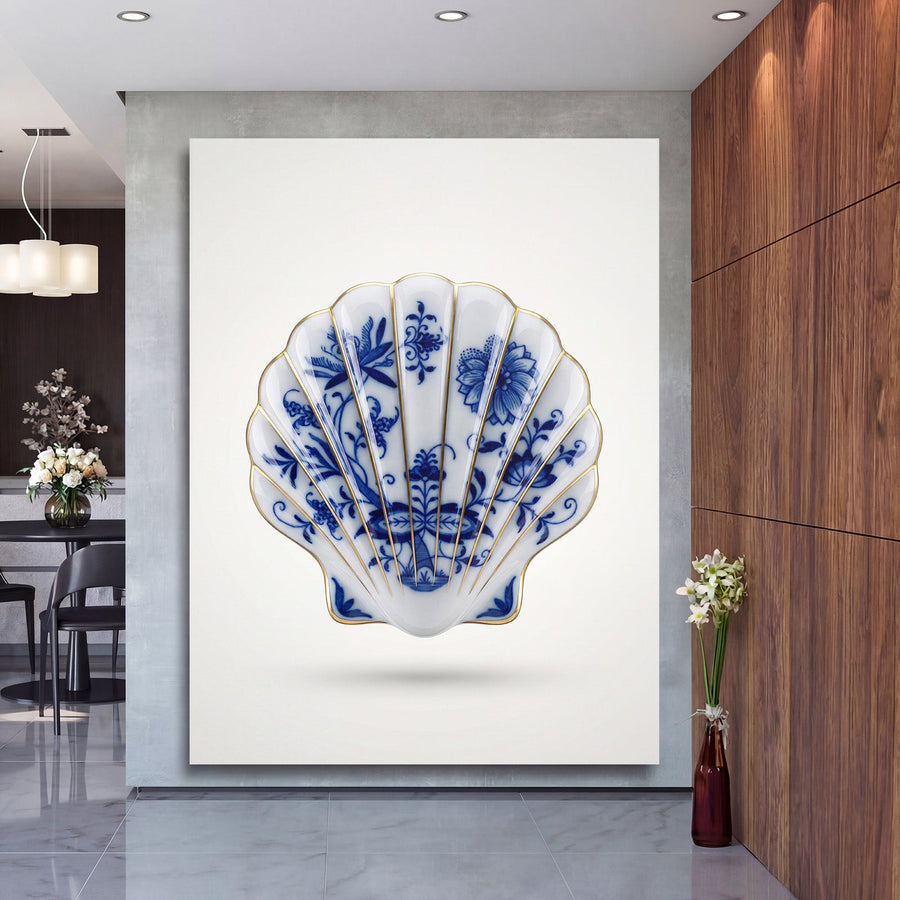 Luxury canvas print with a blue-and-white porcelain shell and gold details in a modern interior