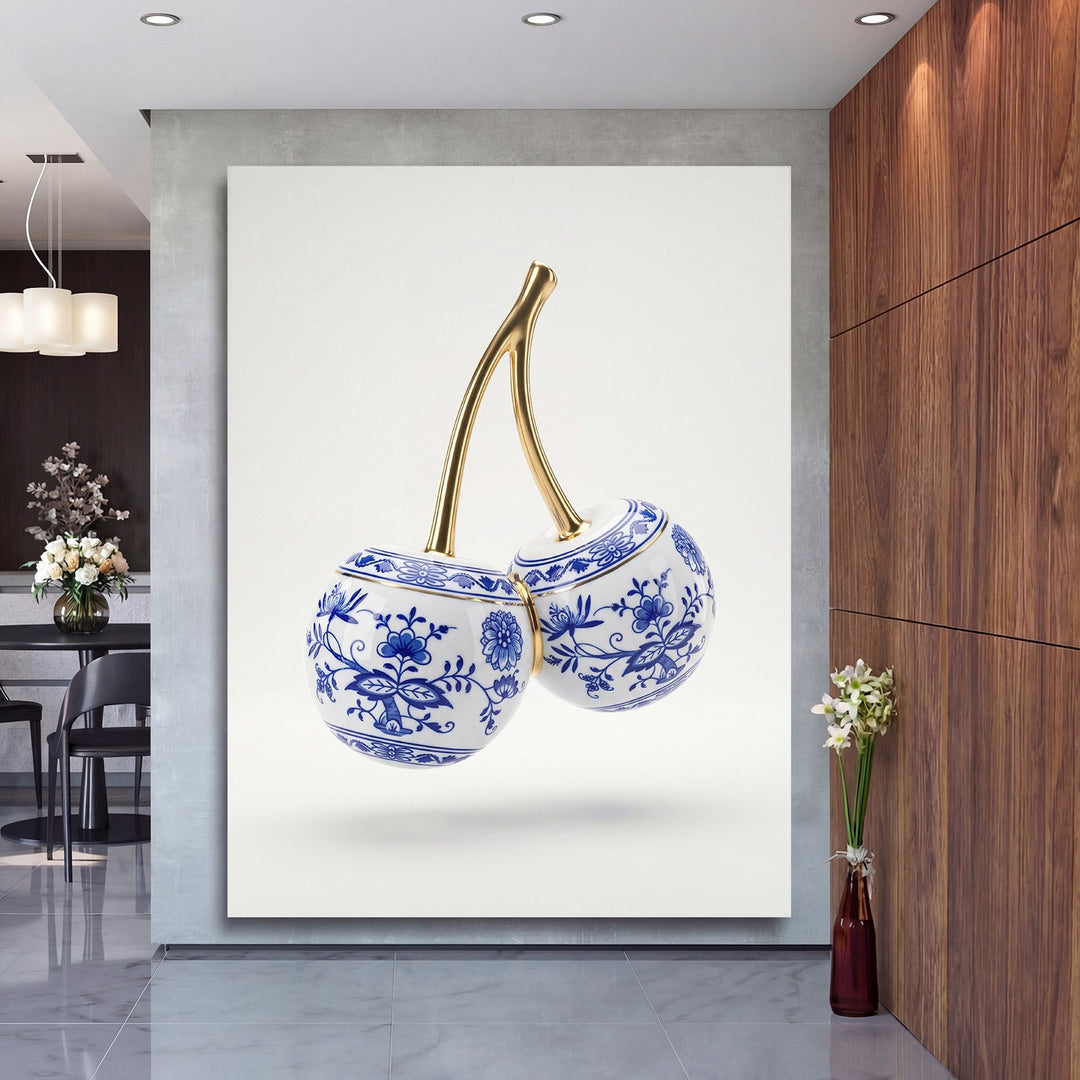 Luxury canvas print with blue-and-white porcelain cherries and gold stems in a modern interior