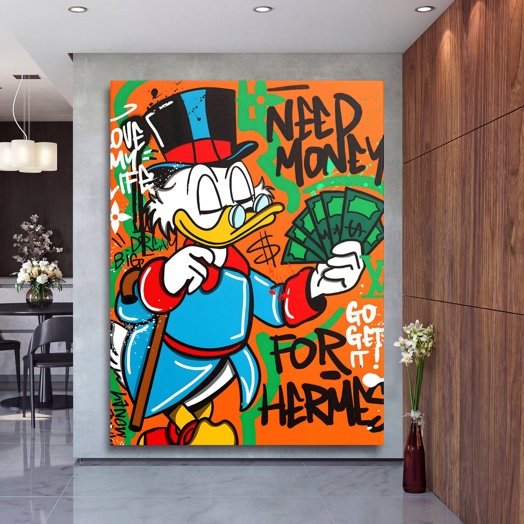 Pop art wall art of Scrooge McDuck with money in a graffiti style as motivational wall art for a luxury living room