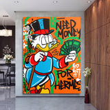 Pop art wall art of Scrooge McDuck with money in a graffiti style as motivational wall art for a luxury living room