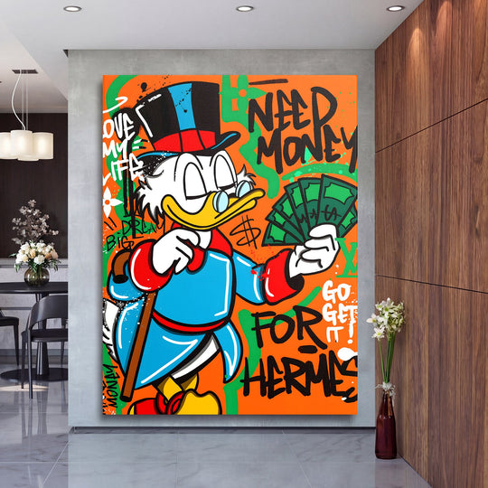 Pop art wall art of Scrooge McDuck with money in a graffiti style as motivational wall art for a luxury living room