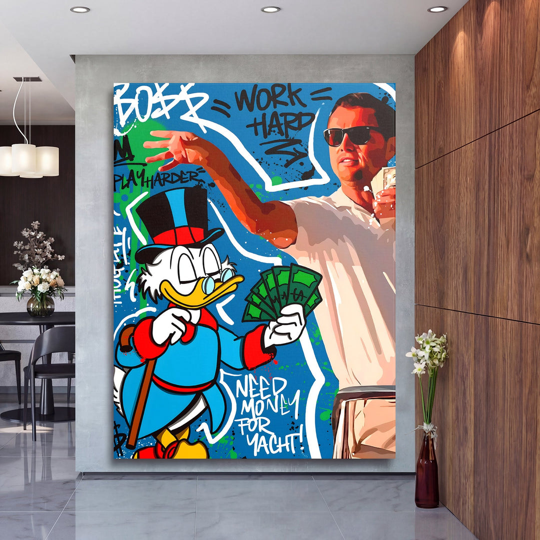 Motivational pop art canvas print with Scrooge McDuck, “Work Hard” graffiti and a money motif in a modern living room