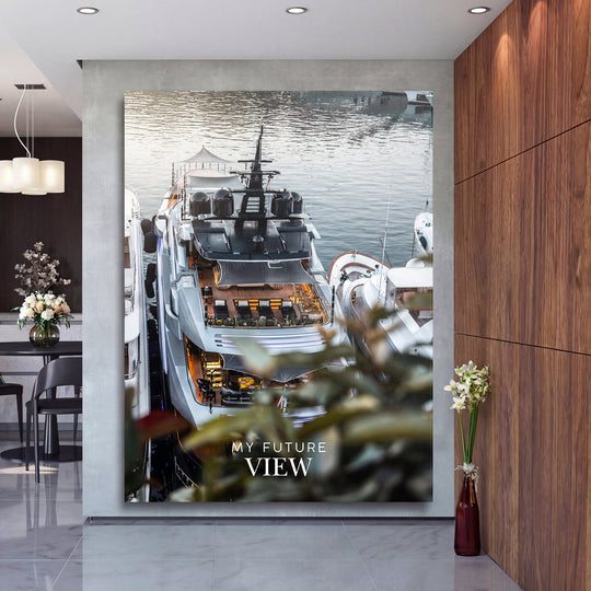 Motivational canvas print with a luxury yacht above the sea as a statement piece for a modern living room