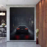 Luxury canvas print with a black Lamborghini from the rear in a night forest and the motivational quote “Feel the Calm”