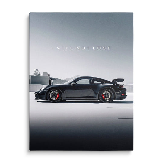 Luxury canvas wall art with black sports car side view and motivational text I WILL NOT LOSE