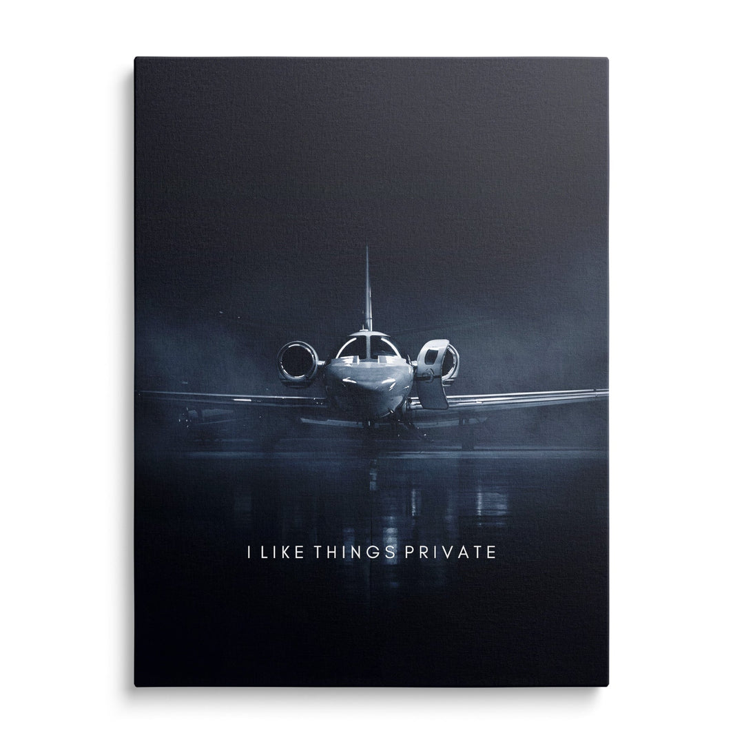 Motivational canvas print with a luxury private jet on the runway and a short quote in a minimalist style