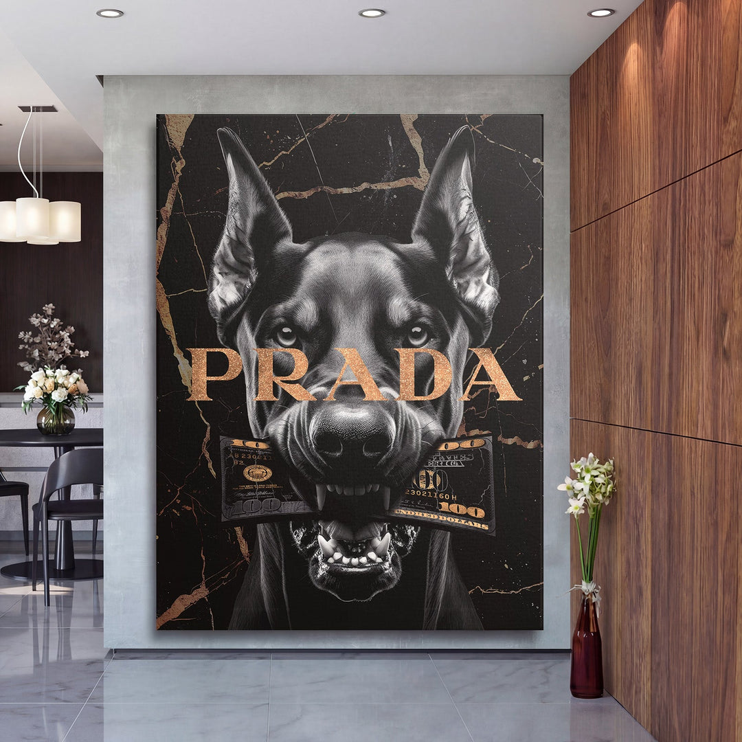 Motivational wall art, black dog with a banknote in its mouth and text Prada in a modern office, pop art style