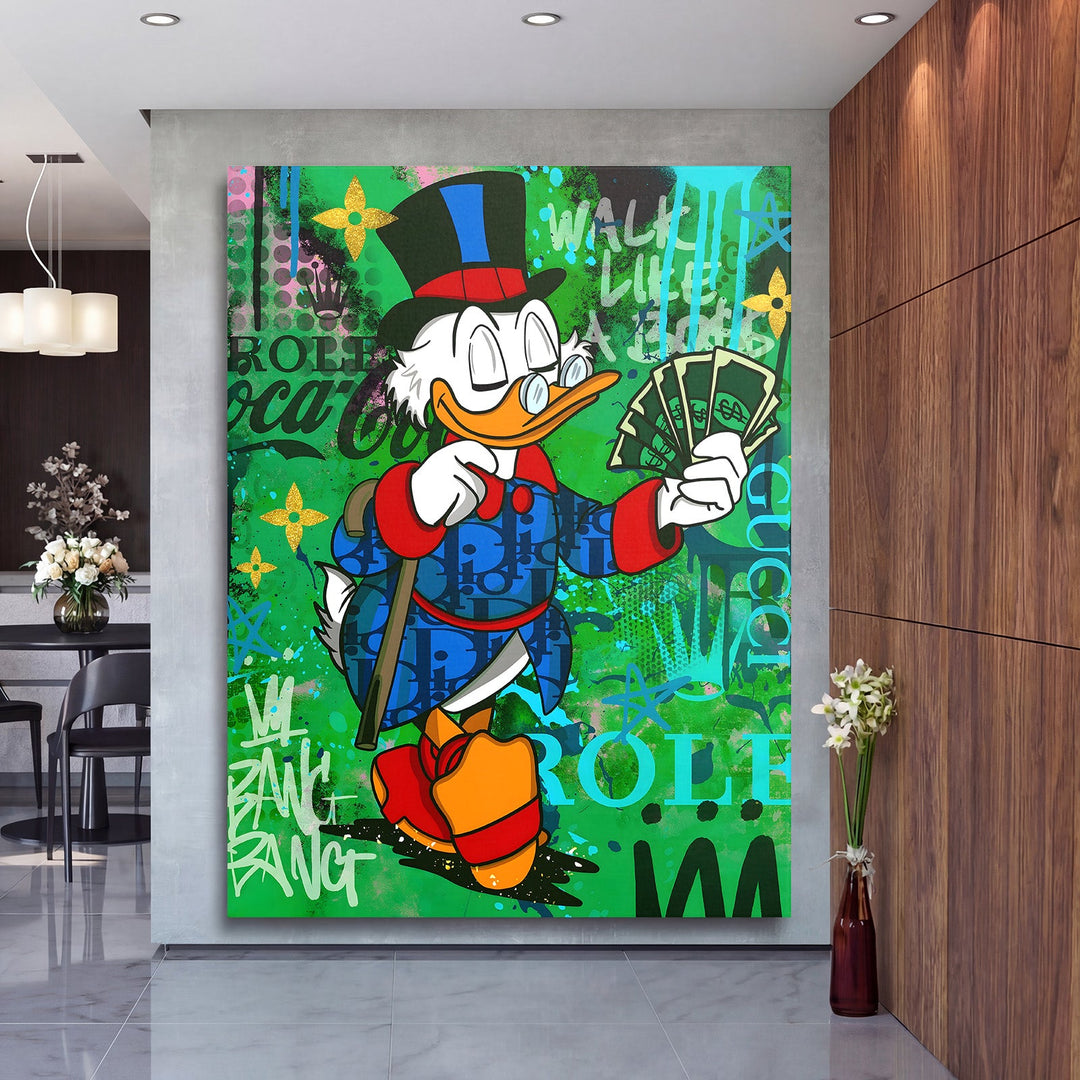Pop art canvas print with duck holding banknotes and graffiti motif in a modern interior