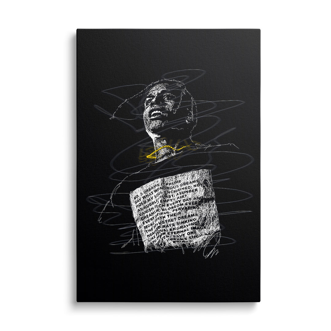 Pop art portrait of a rapper with a minimalist look, gold chain and motivational quote on a black background