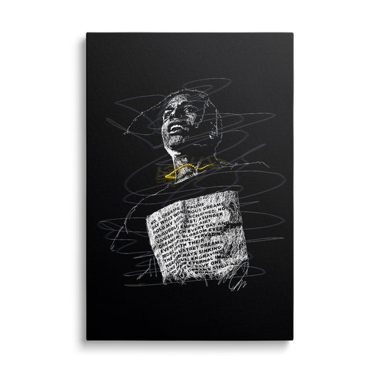 Pop art portrait of a rapper with a minimalist look, gold chain and motivational quote on a black background