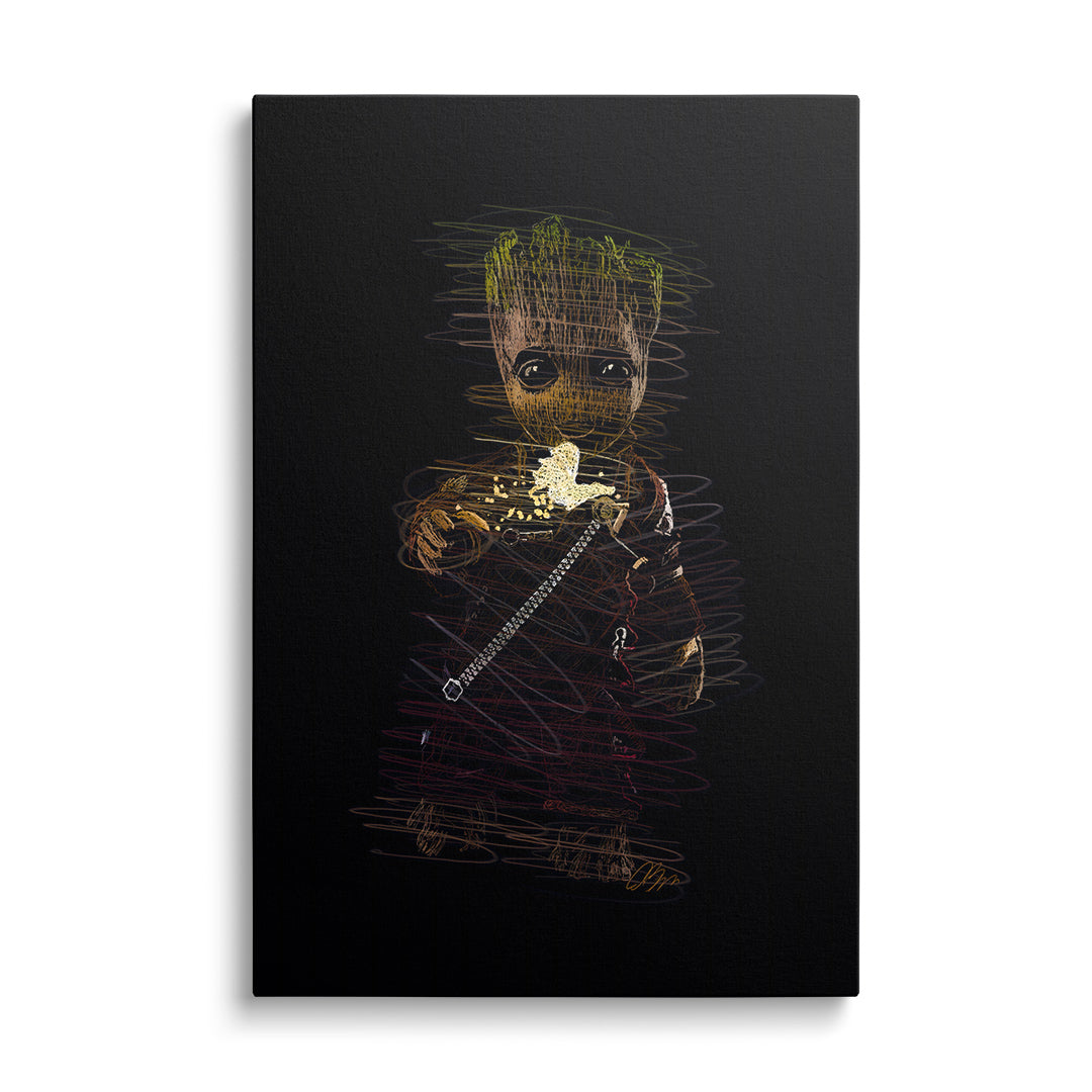 Modern pop art canvas print with a wooden character holding popcorn on a black background
