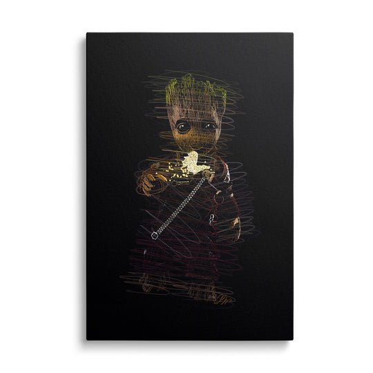 Modern pop art canvas print with a wooden character holding popcorn on a black background
