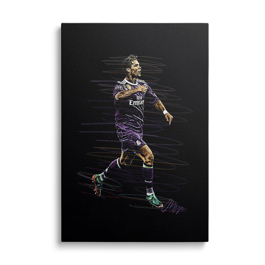 Modern pop art canvas print with dynamic movement of a football player in a minimalist sports style
