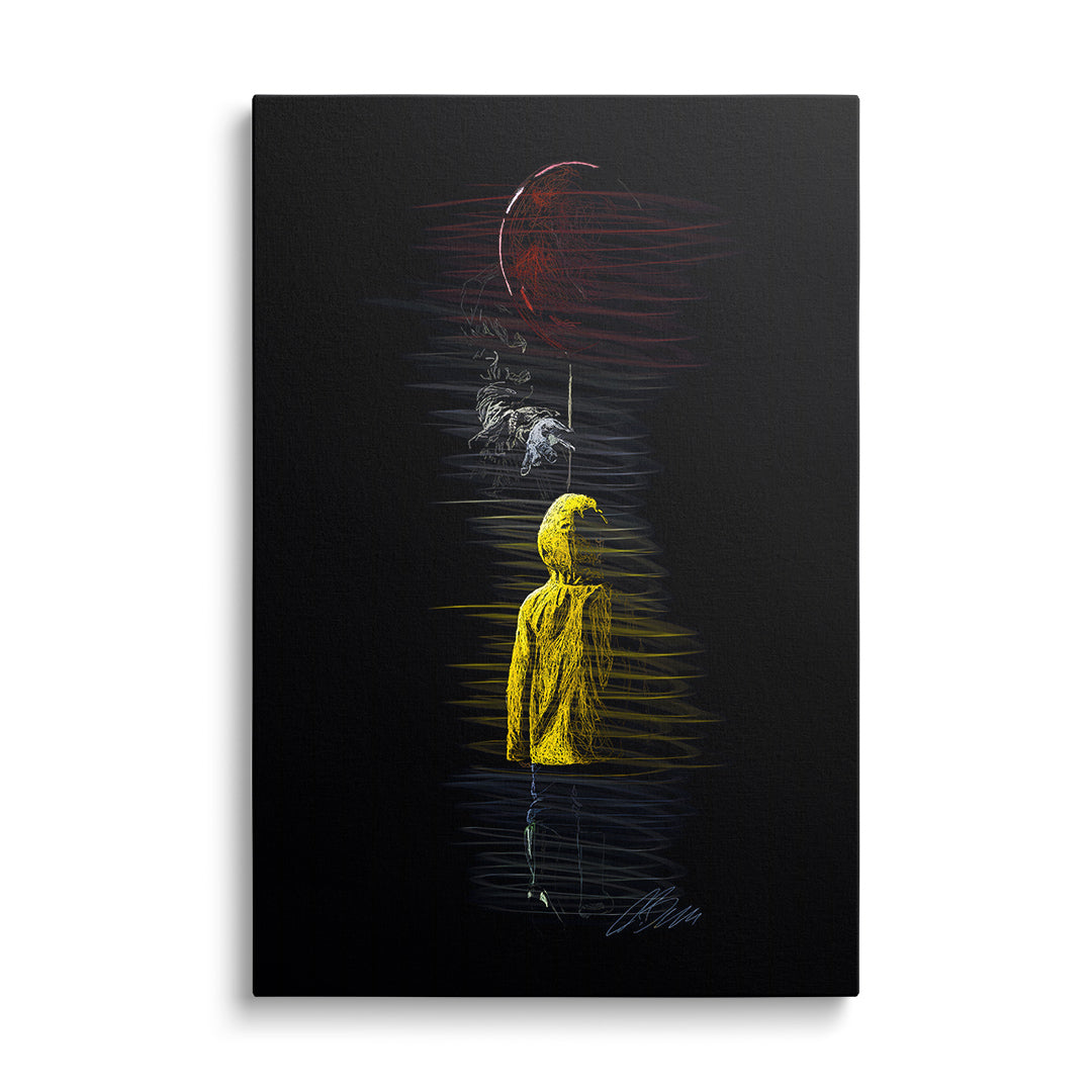 Modern canvas print with a figure in a yellow raincoat and a red balloon in a dark horror style
