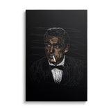 Luxury canvas print with a portrait of a man in a tuxedo holding a cigarette on a black background, elegant front view