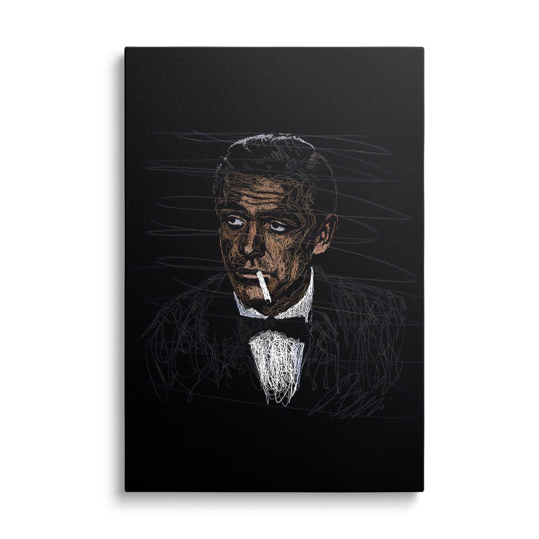 Luxury canvas print with a portrait of a man in a tuxedo holding a cigarette on a black background, elegant front view