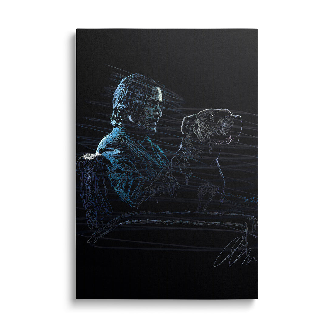Modern canvas print with a neon outline of a man and dog in a minimalist street art style