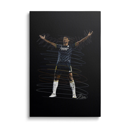 Pop art canvas print of a football player making a victory gesture on a black background, motivational wall art