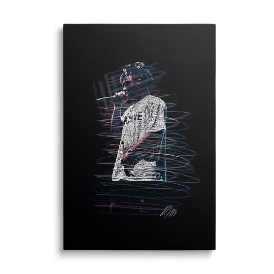 Pop art canvas print with a neon line-art portrait of a rapper holding a microphone, modern front-view artwork