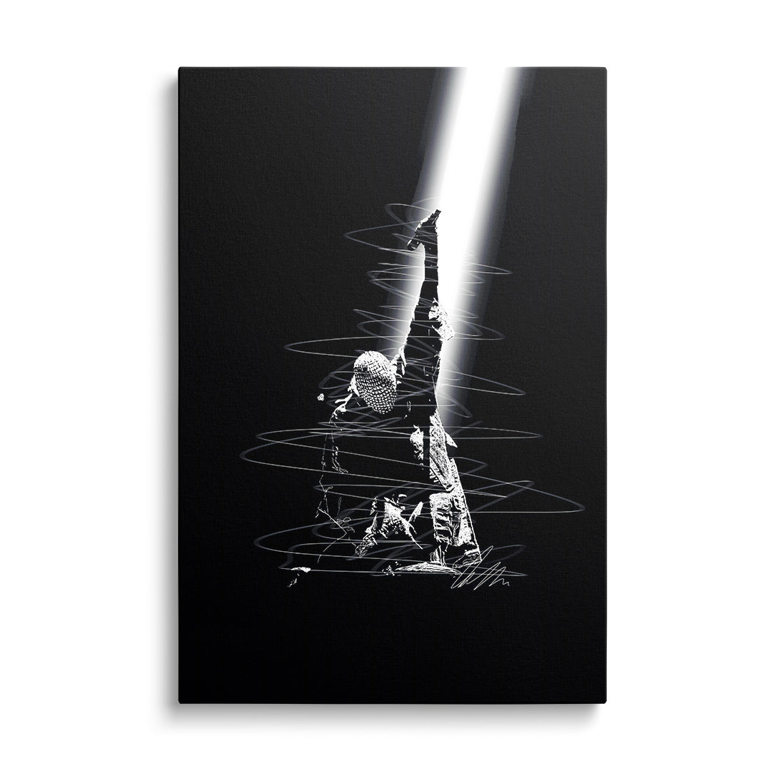 Motivational canvas print with a minimalist sketch of a rapper in a narrow beam of light, front view