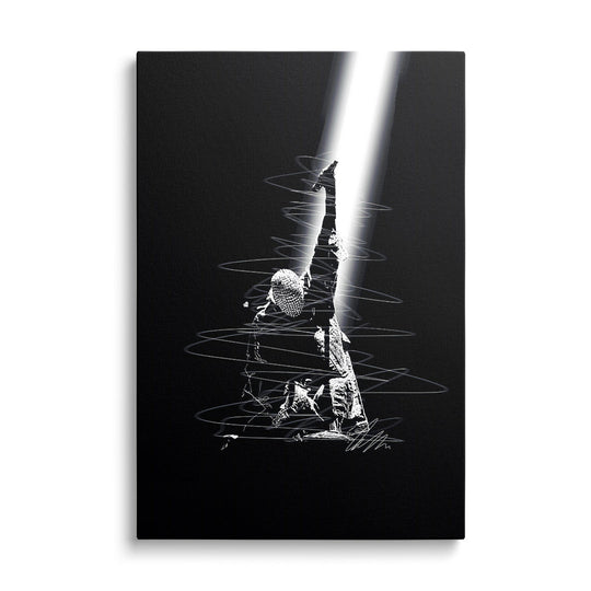 Motivational canvas print with a minimalist sketch of a rapper in a narrow beam of light, front view