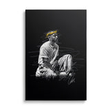 Modern canvas print with an abstract street art portrait of a seated figure wearing a yellow crown of thorns, front view
