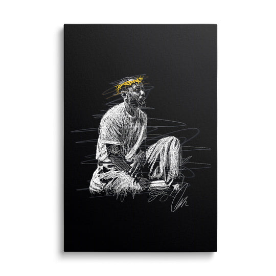 Modern canvas print with an abstract street art portrait of a seated figure wearing a yellow crown of thorns, front view