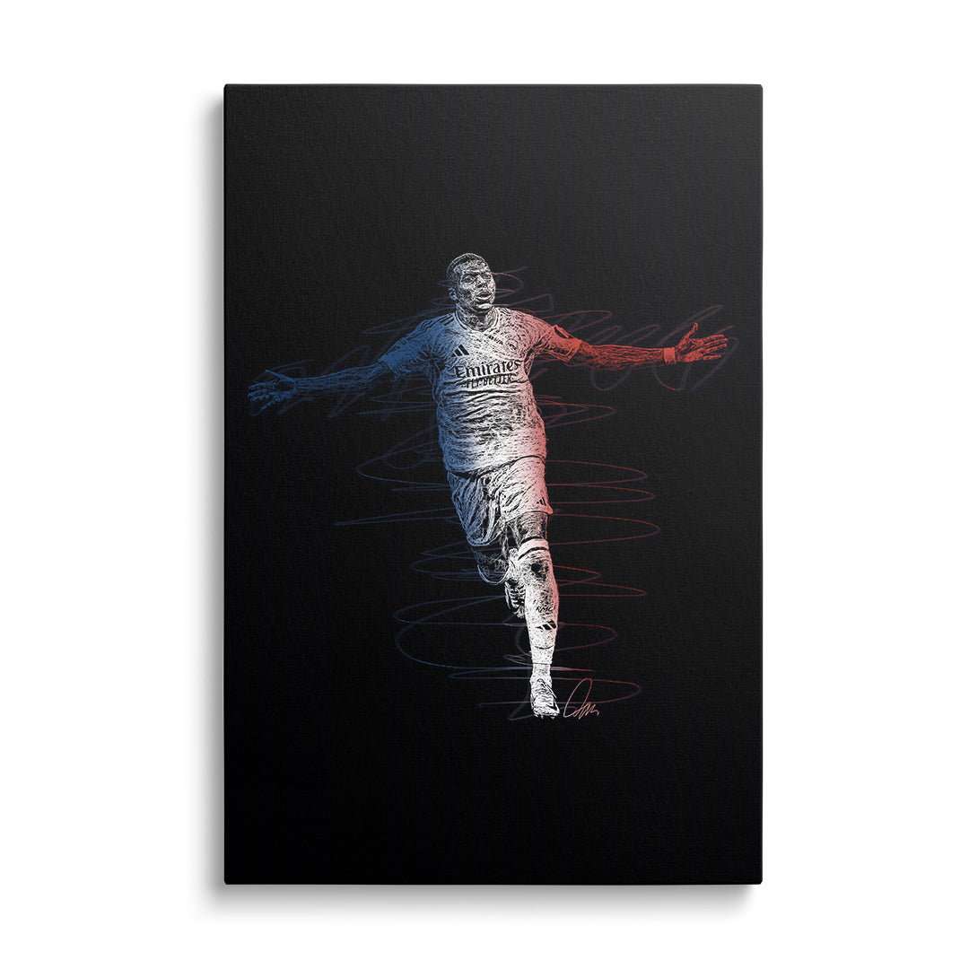 Modern canvas print with a front-facing silhouette of a running football player and red-blue dynamic lines