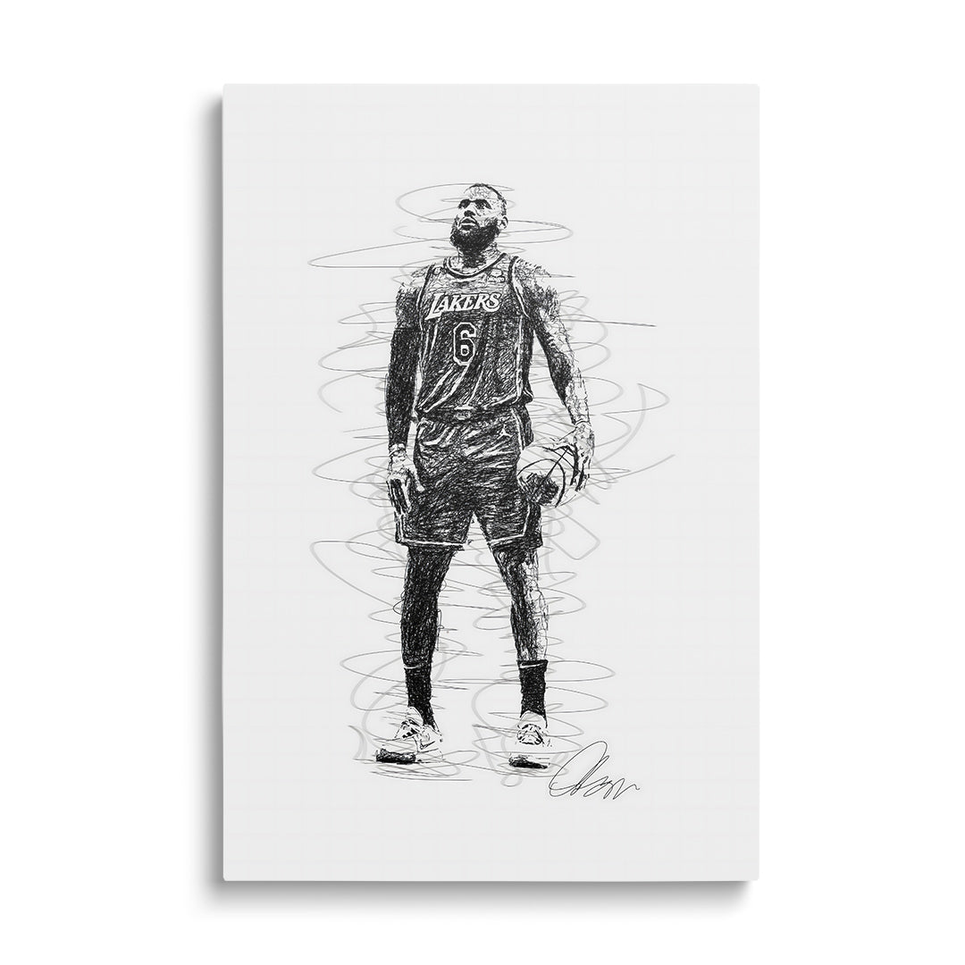 Modern canvas print with a black-and-white sketch of a Lakers basketball player holding a ball in an action front pose