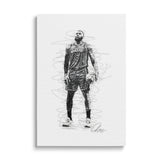 Modern canvas print with a black-and-white sketch of a Lakers basketball player holding a ball in an action front pose