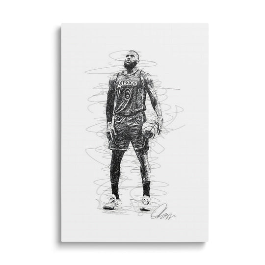 Modern canvas print with a black-and-white sketch of a Lakers basketball player holding a ball in an action front pose