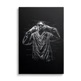 Pop art canvas wall art featuring a black-and-white sketch of a rapper in glasses and chains, front view.