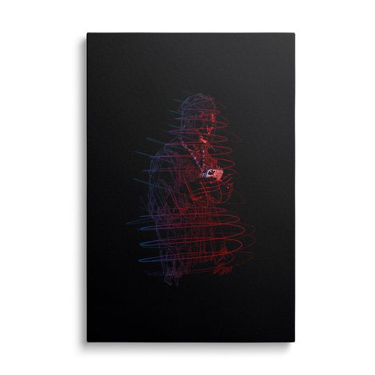 Modern canvas wall art with a neon line art drawing of a rapper holding a phone in red-and-blue pop art style.