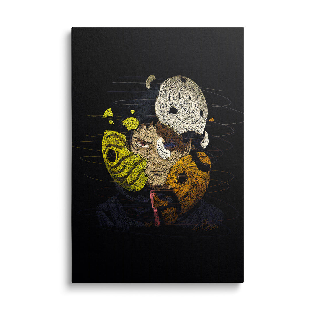 Modern canvas wall art with a bold anime mask in color manga graphics, front view.