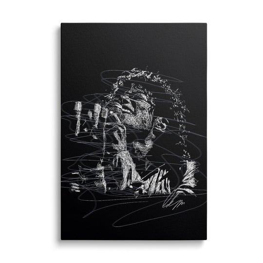 Pop art wall art of Michael Jackson, black-and-white line art sketch on black canvas, minimalist front-view portrait.