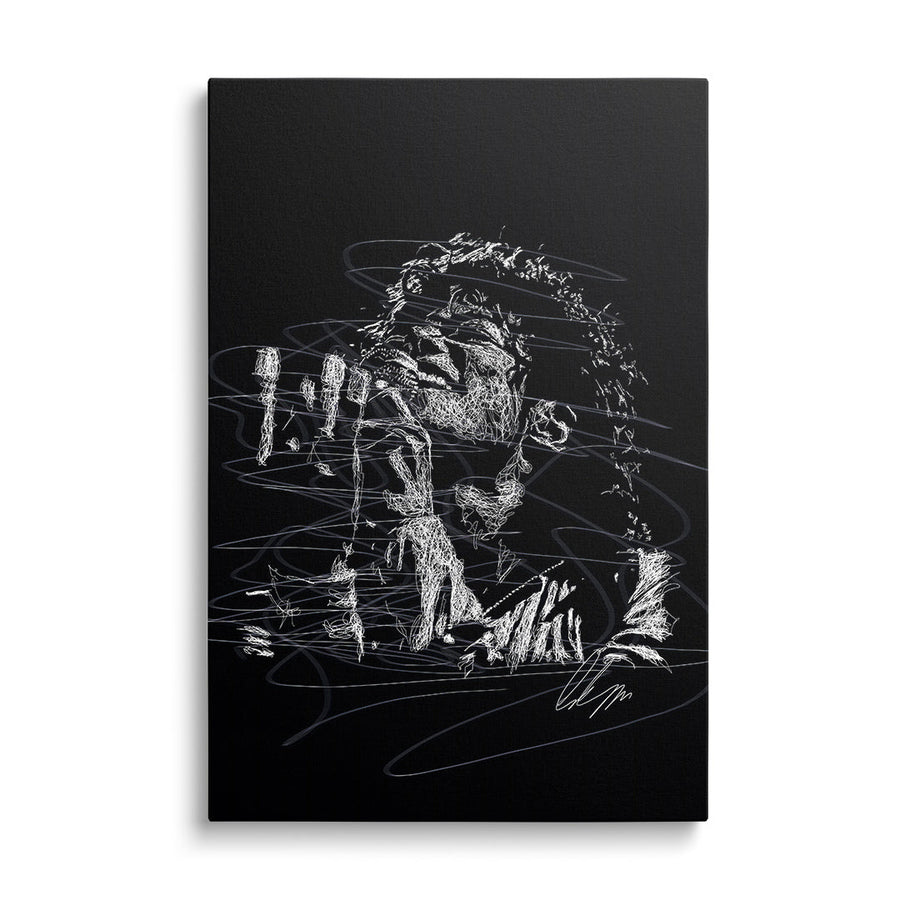 Pop art wall art of Michael Jackson, black-and-white line art sketch on black canvas, minimalist front-view portrait.