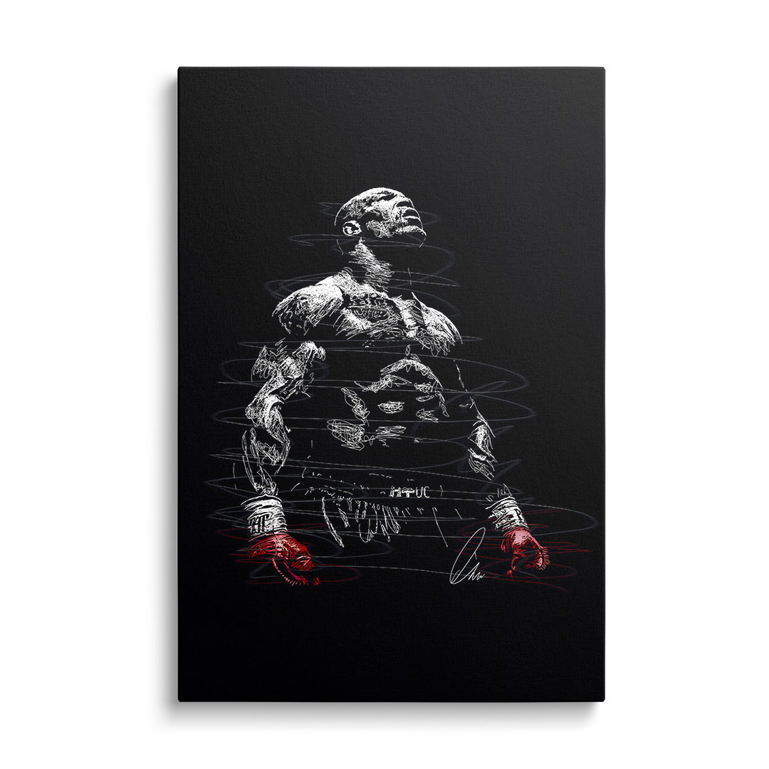Motivational canvas wall art with a minimalist line art boxer in red gloves, front view, symbol of strength and determination.