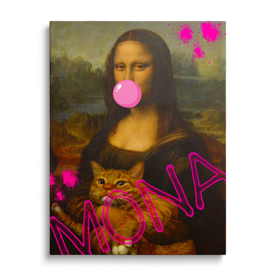 Pop art wall art of Mona Lisa blowing a pink bubble gum bubble and holding a cat, modern wall decor.