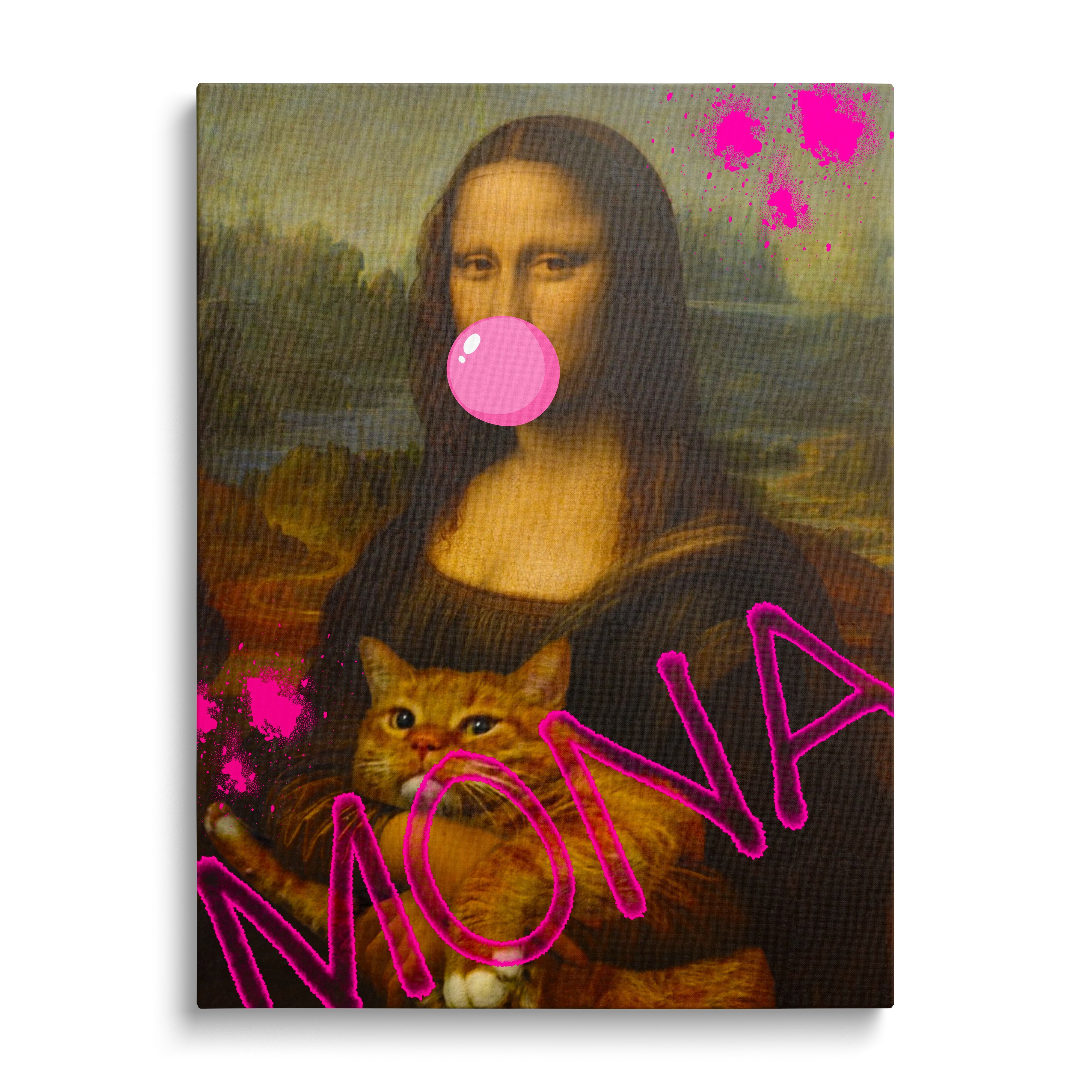 Pop art wall art of Mona Lisa blowing a pink bubble gum bubble and holding a cat, modern wall decor.