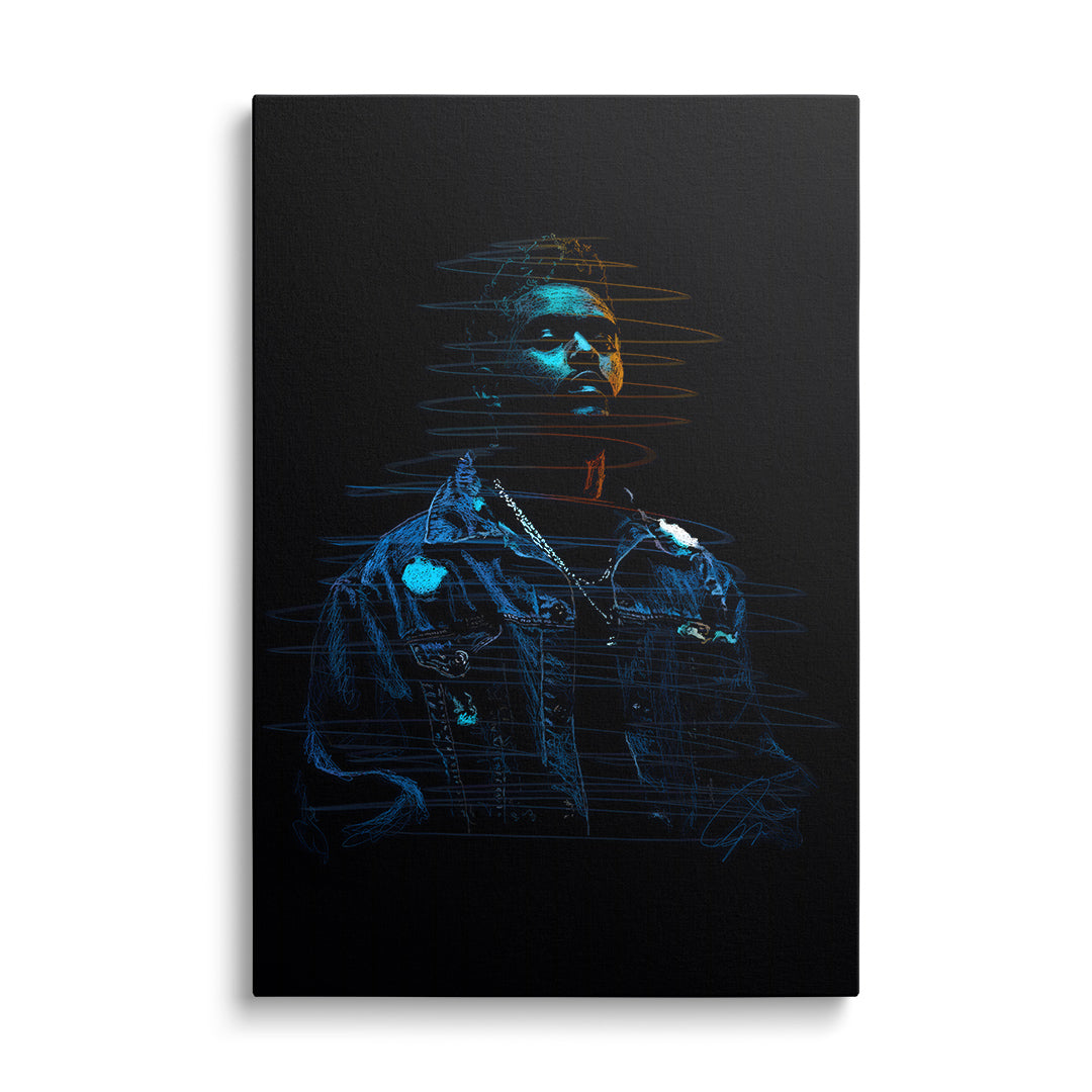 Modern pop art canvas wall art featuring a neon portrait of a man in street art style on a black background.