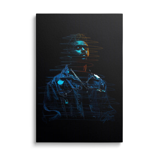 Modern pop art canvas wall art featuring a neon portrait of a man in street art style on a black background.