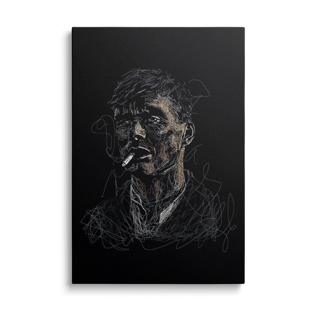 Modern canvas wall art featuring a graphic portrait of a man with a cigarette and smoke on a black background in pop art style.