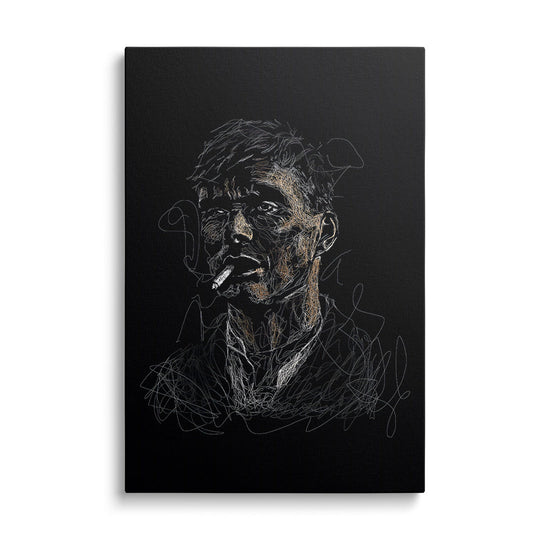 Modern canvas wall art featuring a graphic portrait of a man with a cigarette and smoke on a black background in pop art style.