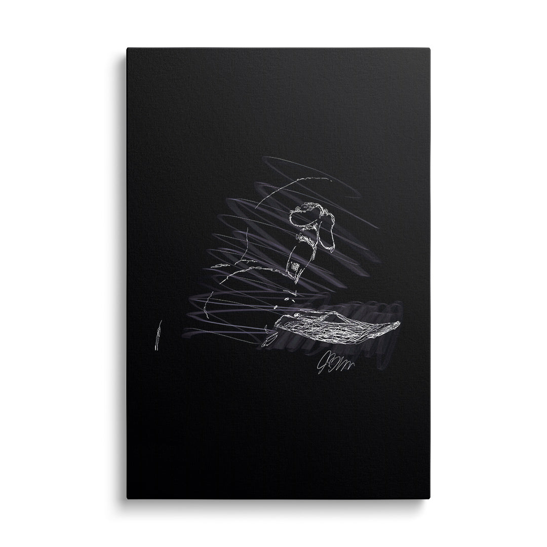 Modern canvas wall art with a white sketch of a soldier in a gas mask in street art style on a black background.