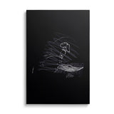 Modern canvas wall art with a white sketch of a soldier in a gas mask in street art style on a black background.