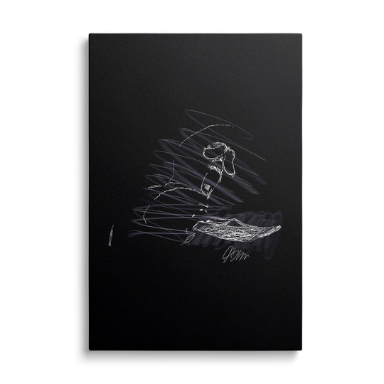 Modern canvas wall art with a white sketch of a soldier in a gas mask in street art style on a black background.
