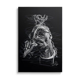 Modern canvas wall art with a black-and-white portrait of a rapper in street art pop art style, front view.