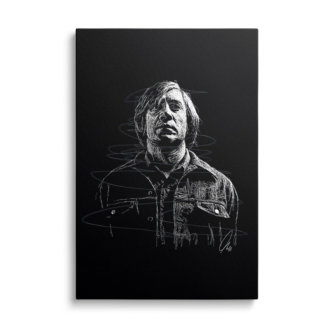 Modern motivational canvas wall art with a minimalist white line art silhouette of a man on a black background, front view.